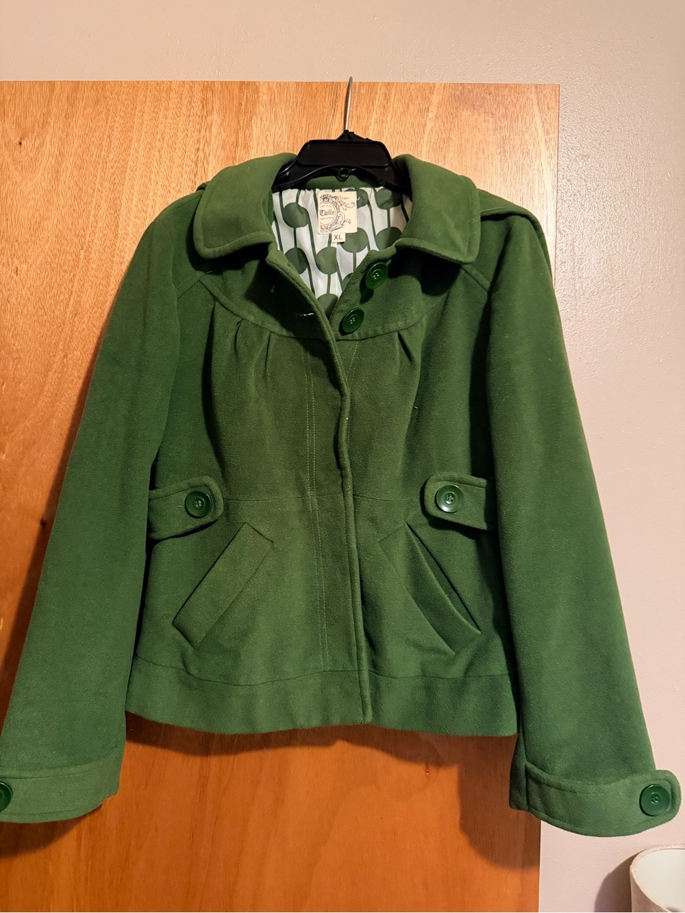 Tulle Green Pea Coat with Button Accents Sz xl